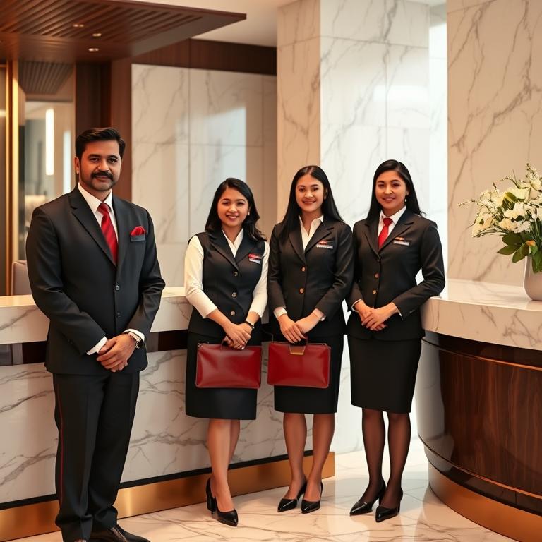 Hotel reception staff in premium hospitality uniforms